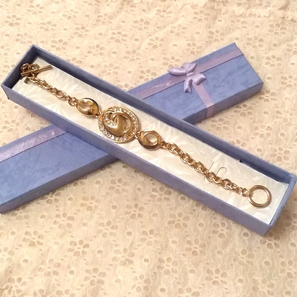 Vintage New Clear Crystal Charm Gold Plated Bangle Bracelet